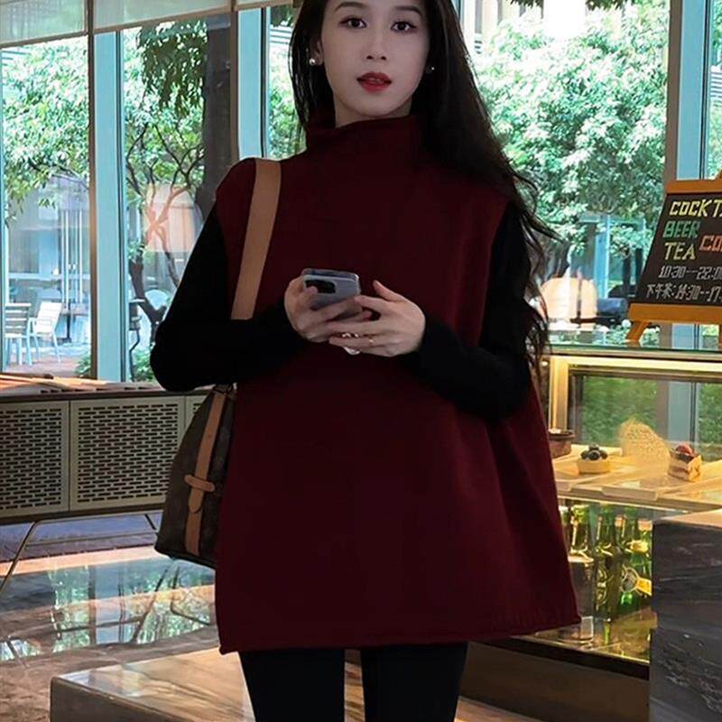 欧货时髦气质复古红色高领针织毛衣马甲女季新款无袖背心上衣潮