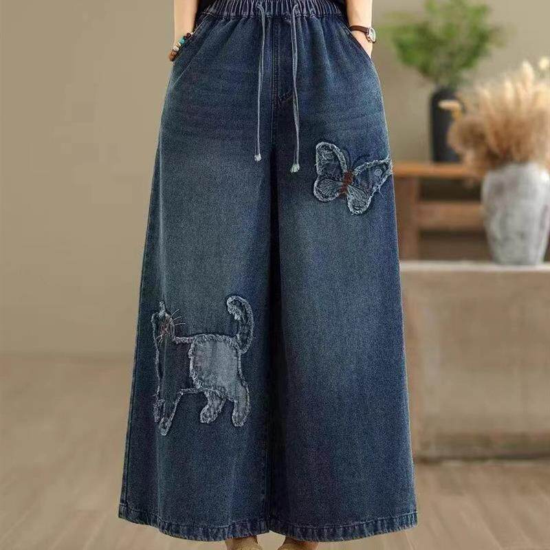 2026年春秋新款刺绣牛仔阔腿裤女文艺民族风松紧腰复古显瘦直筒裤