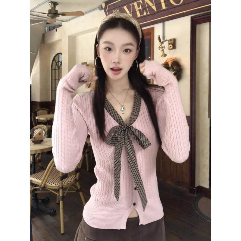 韩系粉色条纹格纹绑带长袖针织衫女秋季修身弹力超好看打底上衣