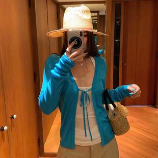 镂空蓝色针织开衫女配吊带连衣裙子外搭罩衫初夏季薄款小披肩外套