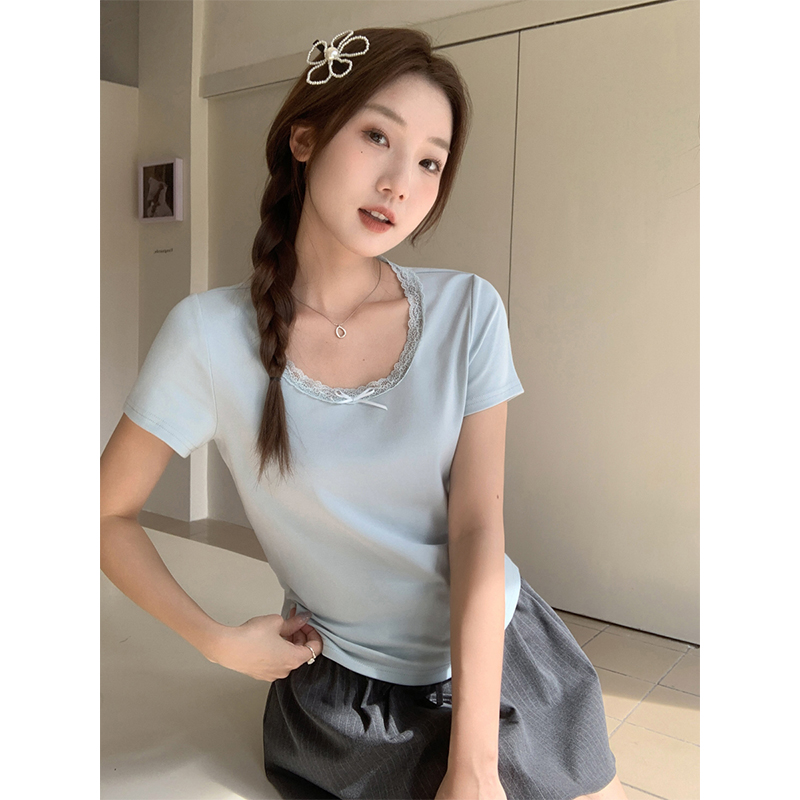 浅蓝色蕾丝花边蝴蝶结短袖T恤女2025夏季新款韩系修身高级感上衣