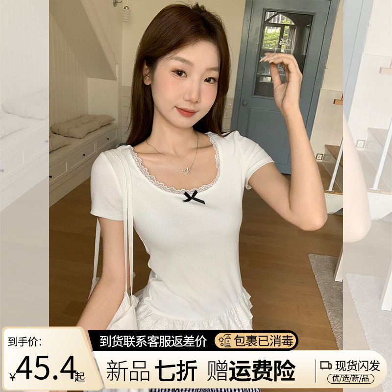 芭蕾风蕾丝拼接下摆蝴蝶结短袖t恤女2025夏季新款纯欲温柔小上衣