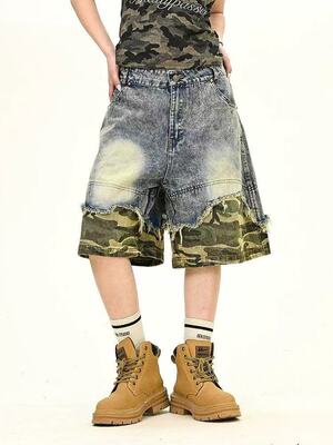 现货BUYILANG～夏季新款女士牛仔宽松毛边拼接高街美式女款五分裤