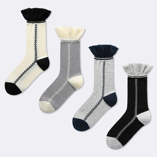 袜say 花苞复古文艺中筒袜郁金香素色无骨花边女袜子 森系春夏薄款