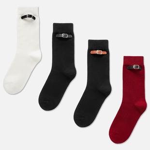 筒袜潮流纯色长百搭皮扣筒棉舒适中筒袜 饰时尚 袜say 森系女士装