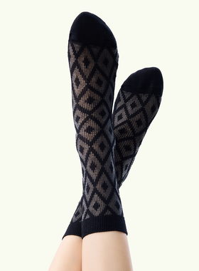 袜say 春夏薄款棉袜花纹黑白卡丝女袜网眼透气复古中筒袜