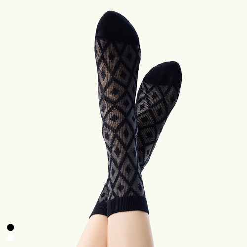 袜say 春夏薄款棉袜花纹黑白卡丝女袜网眼透气复古中筒袜