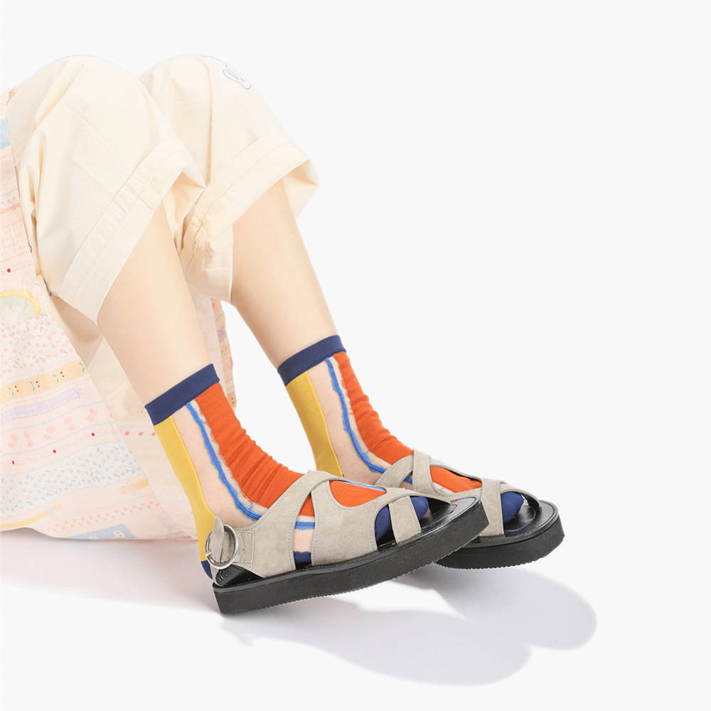 春色斜阳 夏季清凉透气薄款玻璃丝卡其透气短袜ins明亮色块女袜