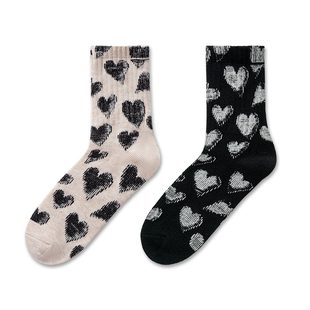 袜say秋冬手绘爱心黑白ins小众设计韩国慵懒感堆堆袜情侣款 中筒袜