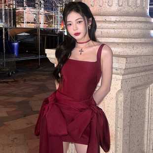 怪诞女孩 生日战袍晚礼服短裙 圣诞风复古绑带蝴蝶结吊带连衣裙女