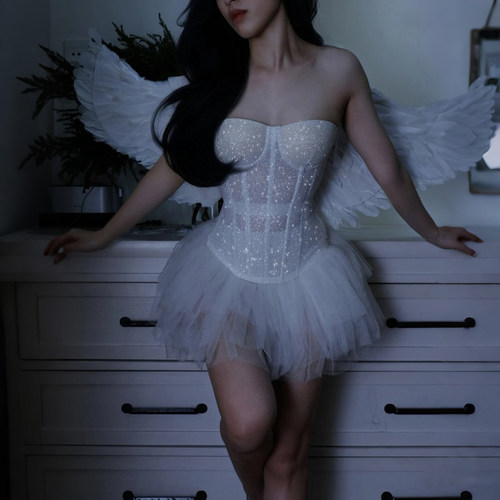 细闪亮片鱼骨抹胸网纱半身裙套装