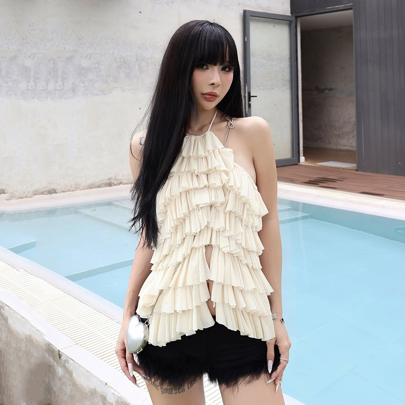 小众设计层次感荷叶边挂脖背心女
