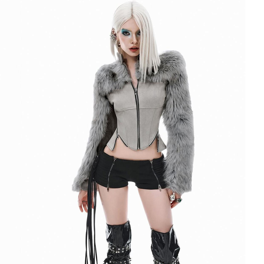 摩登时尚拉链仿皮草长袖短外套女