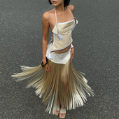 怪诞女孩 波西米亚风蕾丝边坠饰露背吊带背心流苏拼接半身裙套装