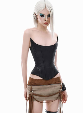 怪诞女孩 哥特风暗黑不规则PU皮鱼骨抹胸女 绑带露背修身辣妹上衣