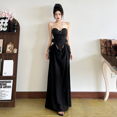 黑色系绝美女神感拼接抹胸连衣裙