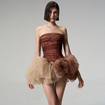 怪诞女孩 法式复古设计感网纱鱼骨抹胸拼色蓬蓬半身裙两件套女