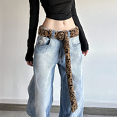 怪诞女孩 子 百搭腰饰皮带配裤 美式 复古豹纹仿皮草针扣毛绒腰带女