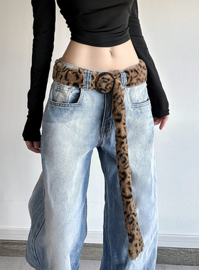 怪诞女孩 美式复古豹纹仿皮草针扣毛绒腰带女 百搭腰饰皮带配裤子