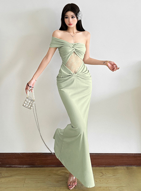 怪诞女孩 森系御姐风蕾丝拼接扭结斜肩连衣裙女 优雅修身收腰长裙