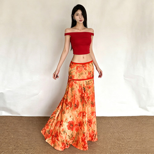 灼灼炎夏度假风油画大花半身裙女