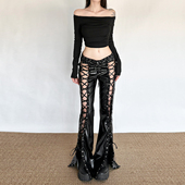 暗黑朋克摇滚绑带镂空皮裤 休闲裤 女 怪诞女孩 小众别致设计感长裤