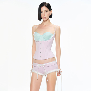 怪诞女孩 欧若风性感人鱼姬排扣吊带背心女 蕾丝边修身辣妹短上衣