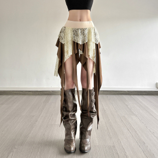 怪诞女孩 废土风飘带设计感短裙 波西米亚复古蕾丝不规则半身裙女
