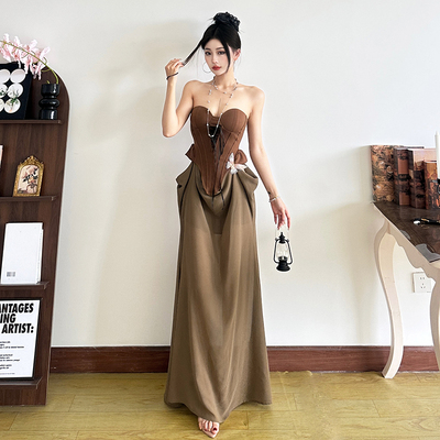 希腊女神复古束腰拼接抹胸连衣裙