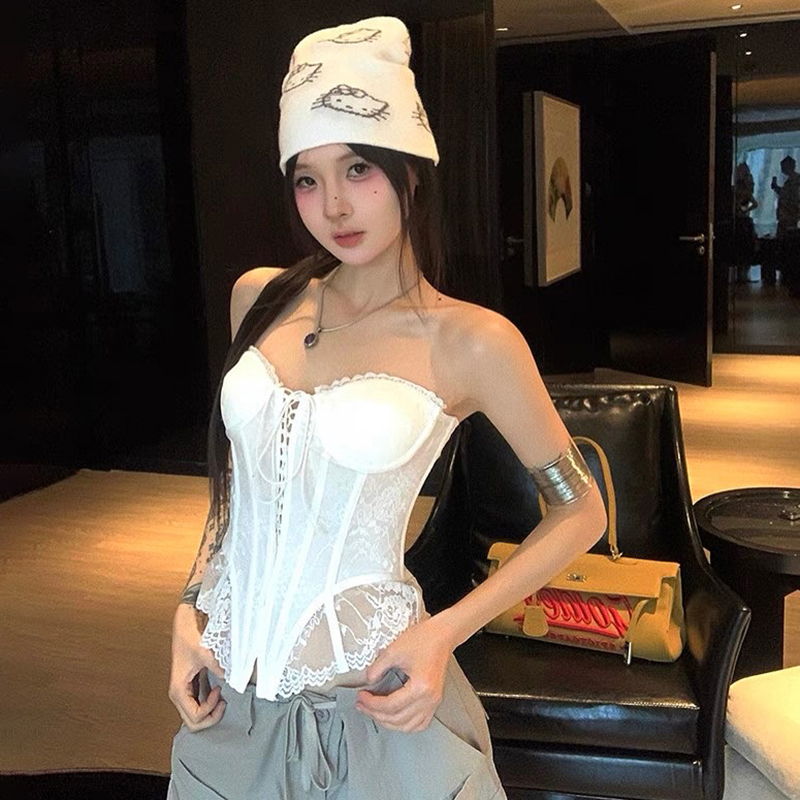 怪诞女孩 纯欲性感交叉绑带蕾丝鱼骨抹胸女 收腰塑身裹胸外穿上衣