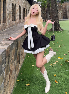 怪诞女孩 miu系风千金感蝴蝶结撞色抹胸连衣裙女 修身收腰蓬蓬裙