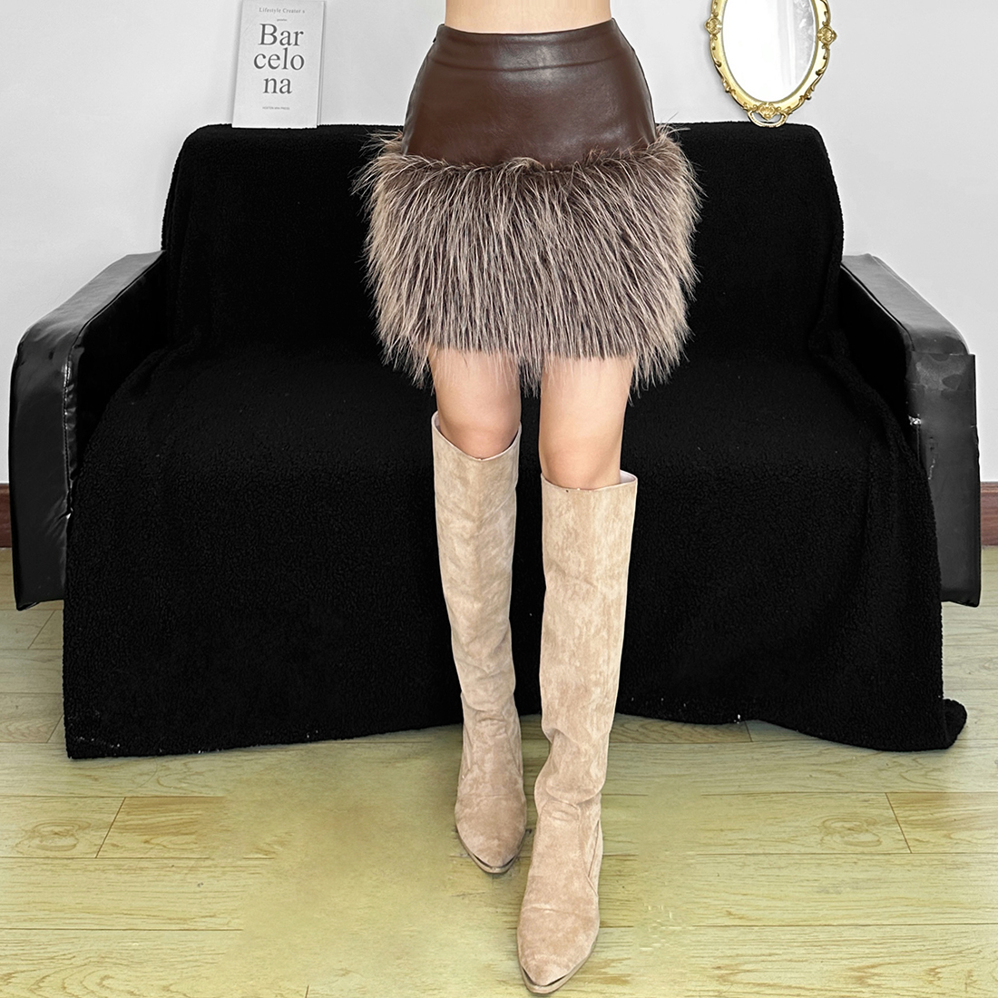 西部风复古毛毛拼接PU皮半身裙女