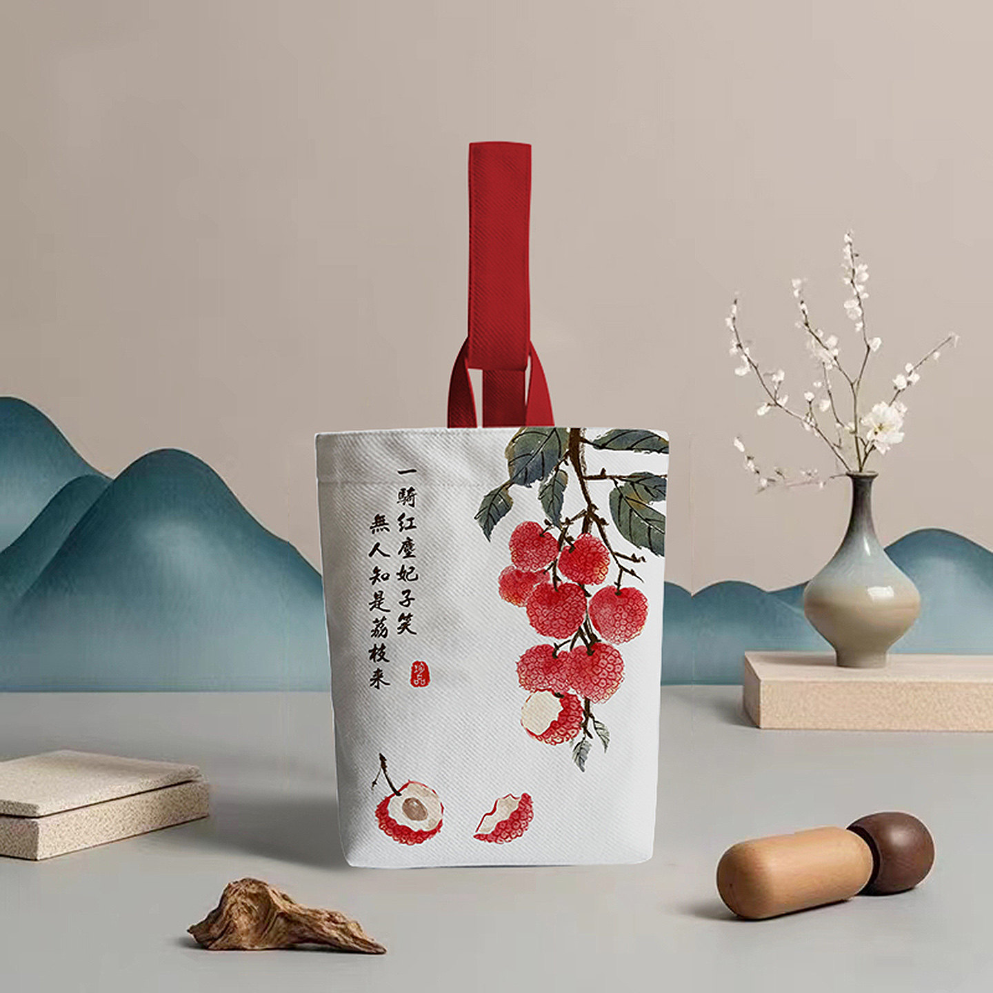 中国风荔枝手提帆布袋外出上班杂物收纳袋国潮文创小众手拎小布包