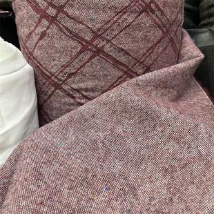 港风古着酒红色大菱格彩点钢花呢时装面料春秋西装外套毛料布料