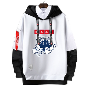 中国风运气上升早日退休网红趣味文字假两件连帽卫衣男女外套帽衫