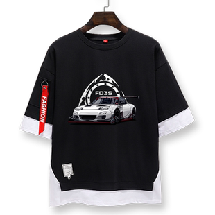 JDM马自达MAZDA转子RX7 MX5性能改车假两件短袖T恤衫男五分袖衣服