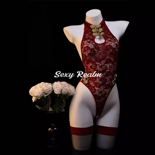 超越性感「飞花令」新中式旗袍睡衣镂空连体衣开档内衣纯欲风qqny