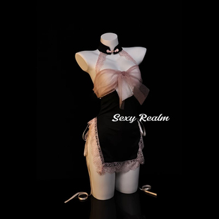 超越性感「粉色恋情」性感旗袍中式挂脖风露背网纱蝴蝶结睡裙qqny