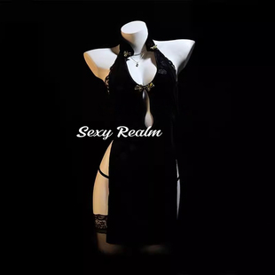 超越性感「黑夜魅惑」性感旗袍套装 古典镂空御姐开叉复古睡裙qqny