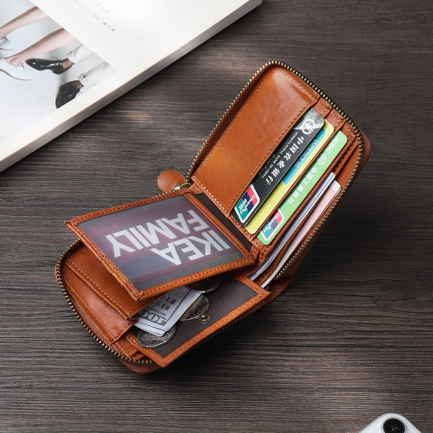 新款复古手工植鞣皮横款钱包头层牛皮拉链零钱钱夹多功能短款财布