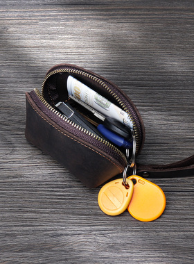 真皮复古手工男女士疯马皮头层牛皮耳机车钥匙零钱包拉链买菜包