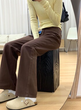 145CM小个子美式宽松咖色休闲直筒牛仔裤女秋冬高腰显瘦阔腿长裤