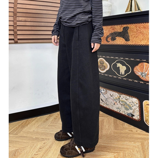 潮 小个子高腰宽松休闲弯刀裤 145cm加绒保暖毛呢直筒阔腿裤 女冬季
