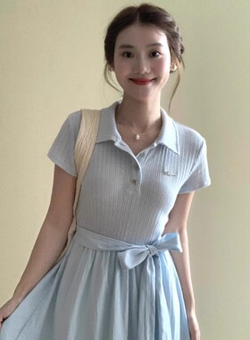 145cm矮小个子减龄Polo领蓝色连衣裙学院风收腰显瘦短袖中长裙女