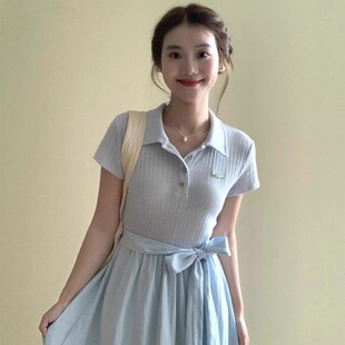 145cm矮小个子减龄Polo领蓝色连衣裙学院风收腰显瘦短袖中长裙女
