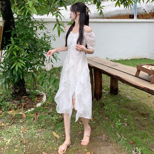小个子145CM法式连衣裙花边设计感公主风开衩显高显瘦V领初恋裙夏