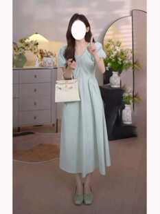 150小个子夏季薄荷曼波风法式连衣裙145cm女显瘦V领长款裙子xs码