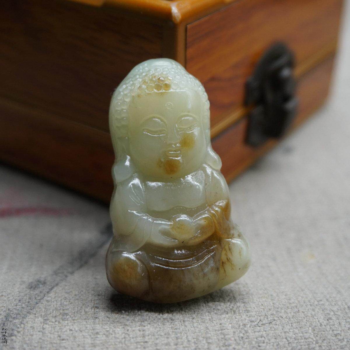 天然新疆和田玉浅黄糖玉宝宝佛汉服配饰吊坠佛光男女款玉石挂件链