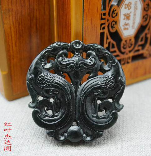 复古双凤吊坠天然墨绿玉双面镂空玉佩男女款玉坠汉服腰佩玉石挂件
