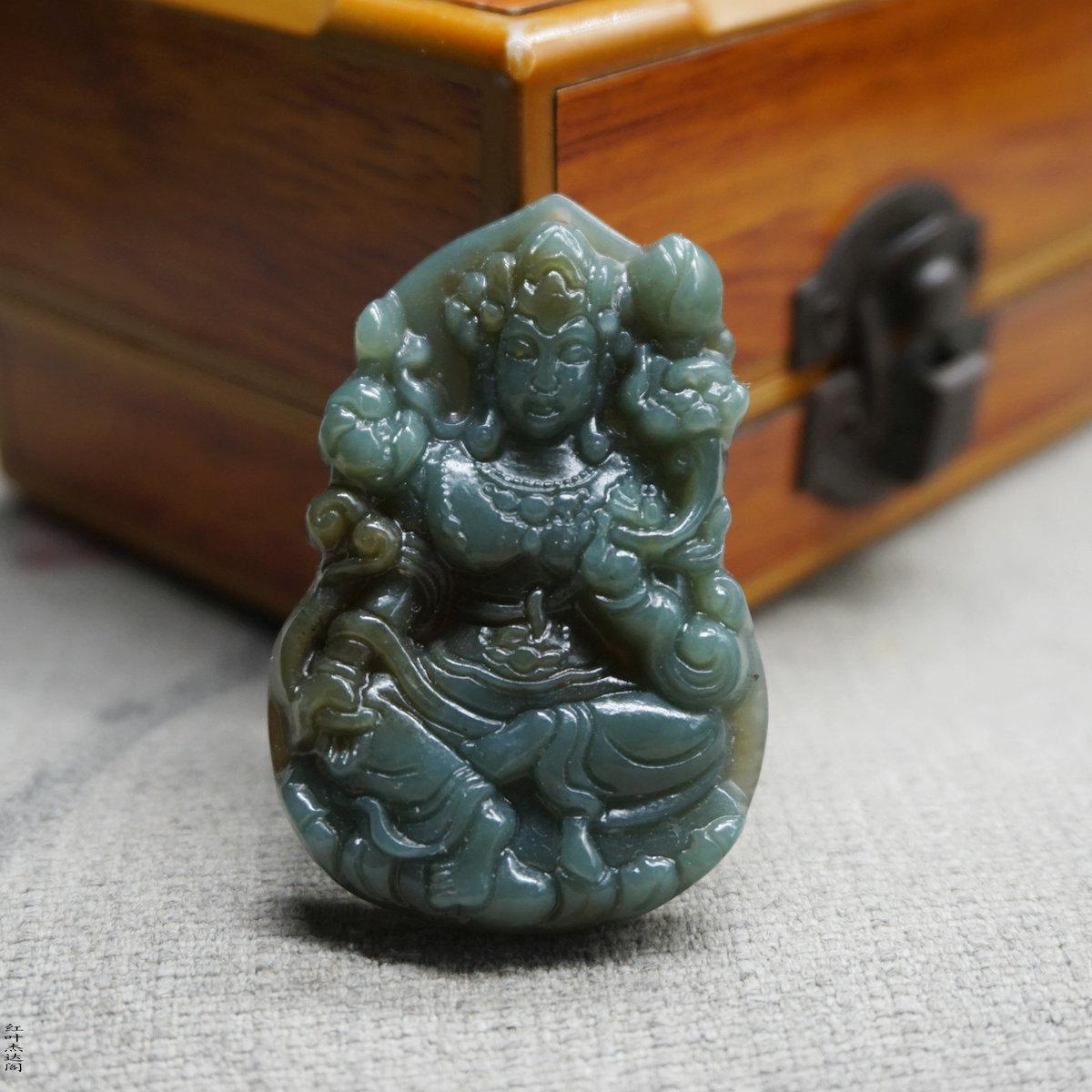 玉石坐蓮觀音吊墜和田糖青白玉
